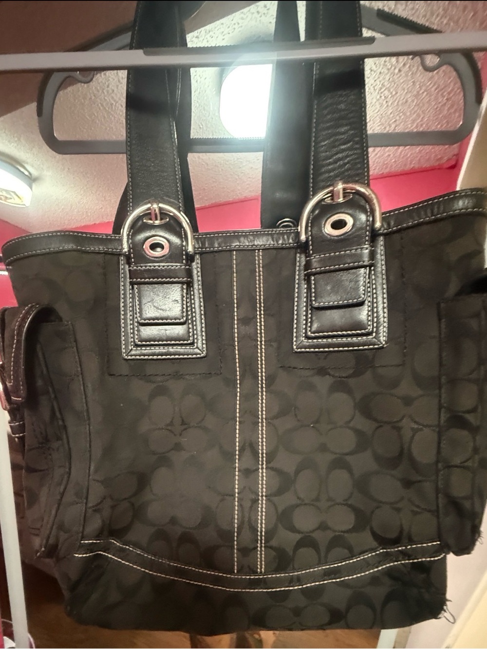 Coach Black Signature Jacquard Tote with Leather Trim